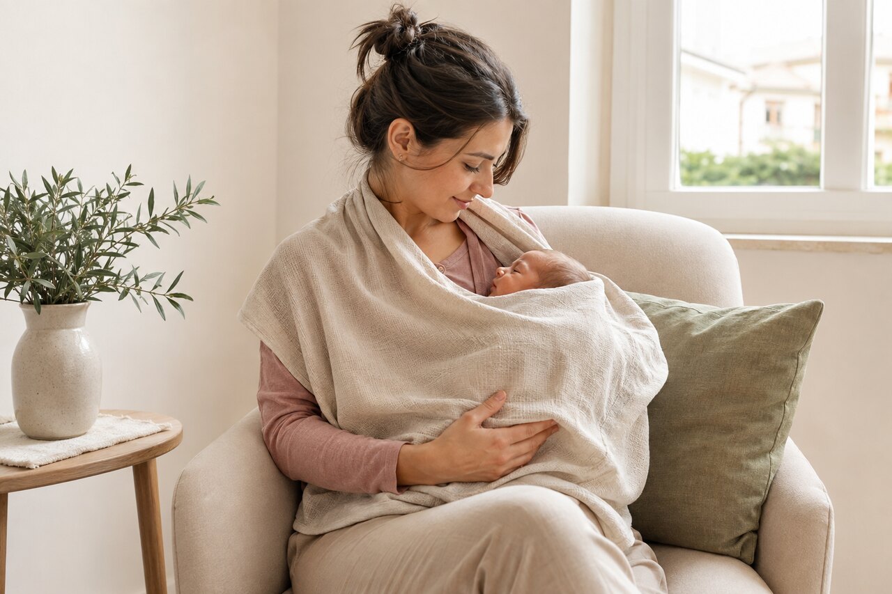 Mamma che allatta serenamente il proprio neonato